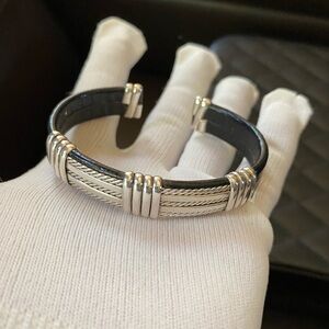 Black Leather and Silver Men's Cuff Bracelet